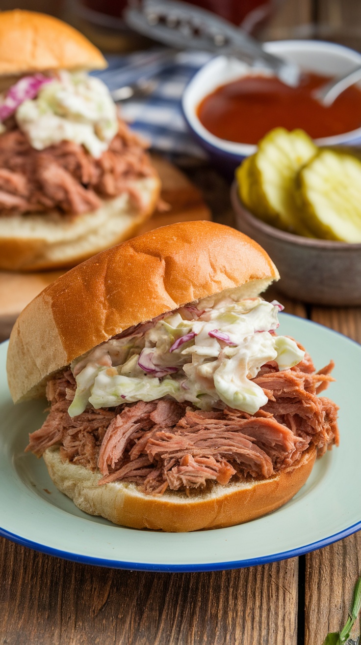 BBQ pulled pork sandwich with coleslaw on a rustic table.